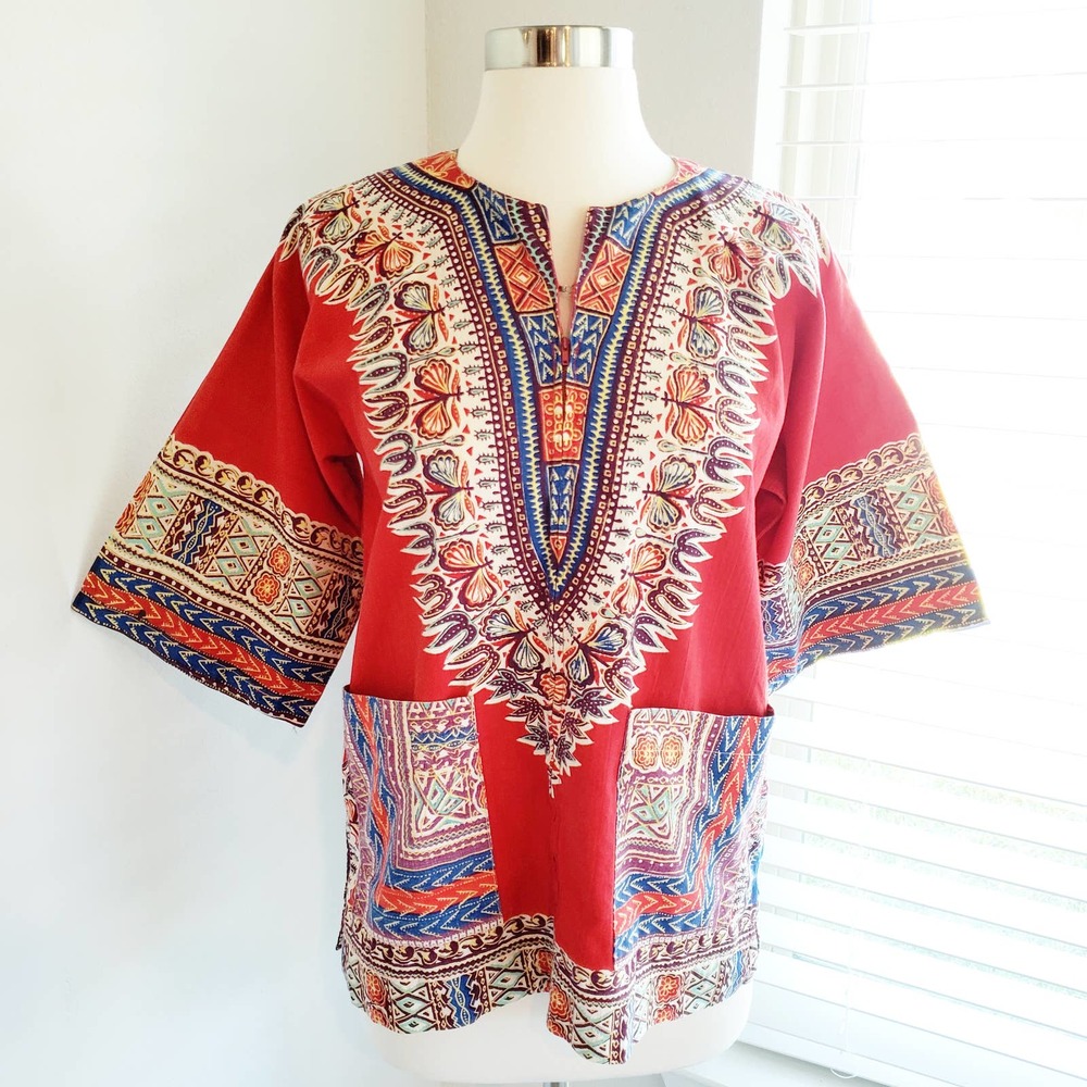 Dashiki Top African Rasta Tunic Red Print Small